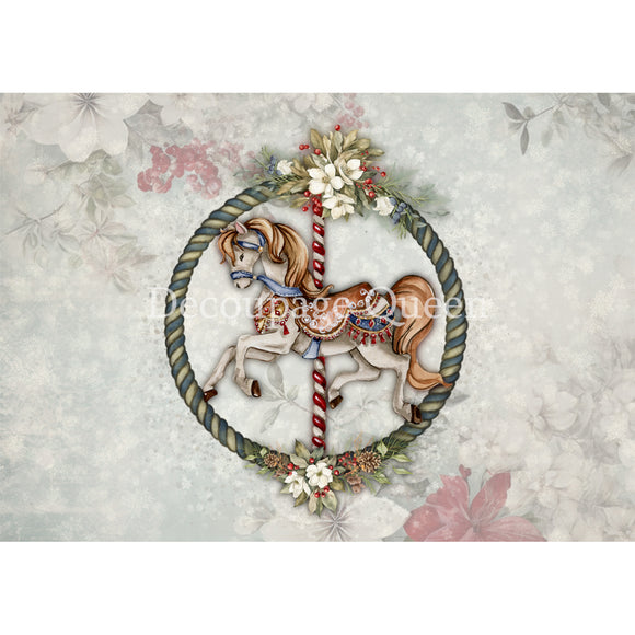 Rice paper featuring a delightful carousel horse surrounded by a festive wreath and whimsical florals against a faded poinsettia background. White borders are on the top and bottom.
