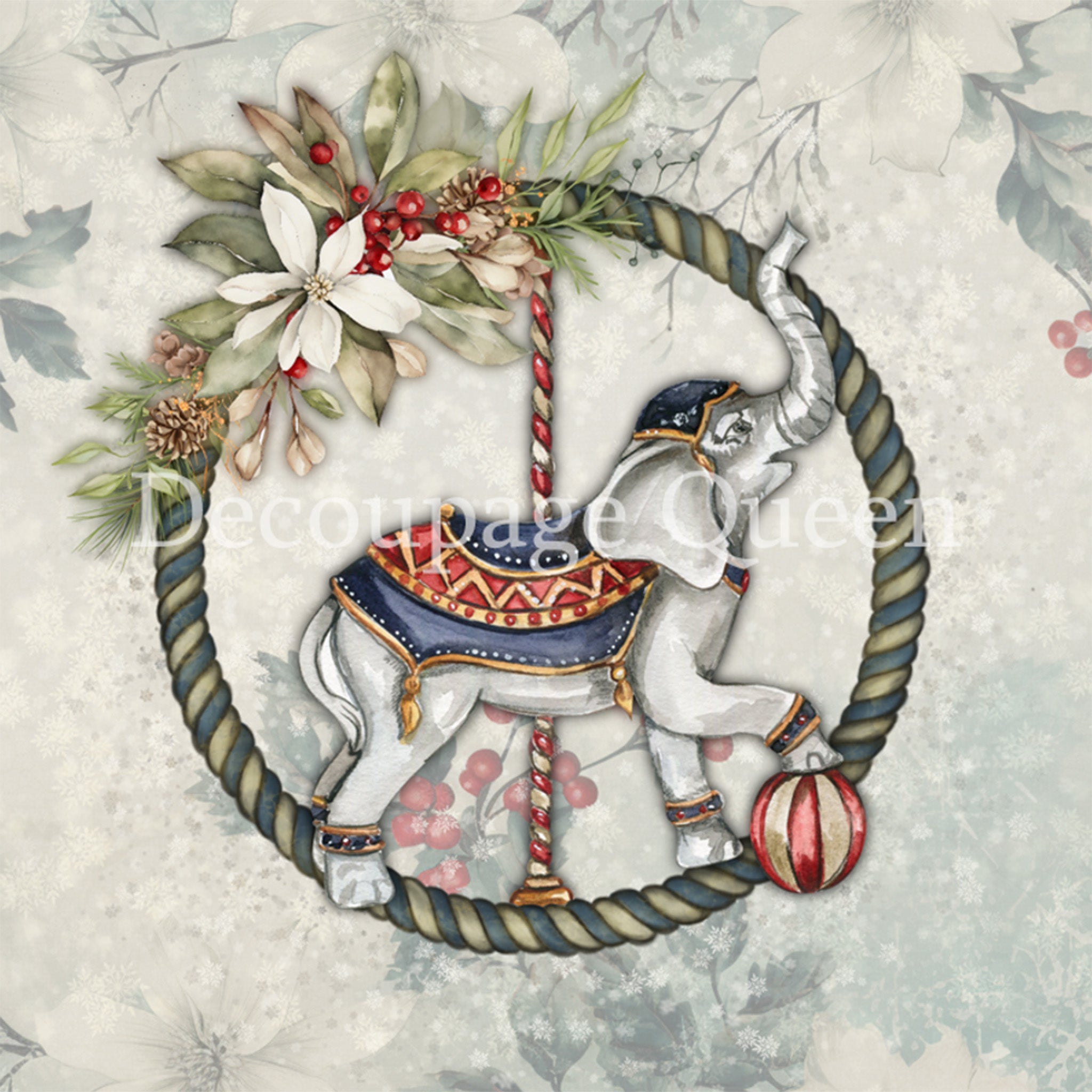 Close-up of a rice paper featuring a charming circus elephant carousel in a festive Christmas wreath with a beautiful faded holly background. 