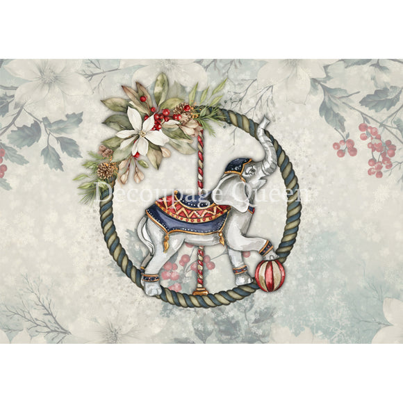 Rice paper featuring a charming circus elephant carousel in a festive Christmas wreath with a beautiful faded holly background. White borders are on the top and bottom.
