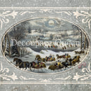 Close-up of a rice paper featuring a charming winter scene of people on sleigh rides inside a gray oval frame.