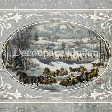 Close-up of a rice paper featuring a charming winter scene of people on sleigh rides inside a gray oval frame.