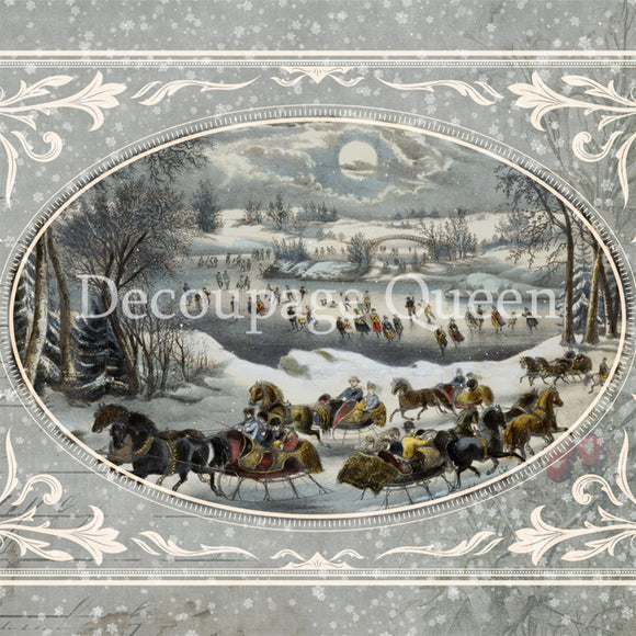 Close-up of a rice paper featuring a charming winter scene of people on sleigh rides inside a gray oval frame.