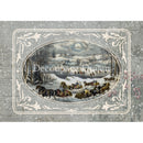 Rice paper featuring a charming winter scene of people on sleigh rides inside a gray oval frame.