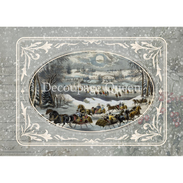 Rice paper featuring a charming winter scene of people on sleigh rides inside a gray oval frame.