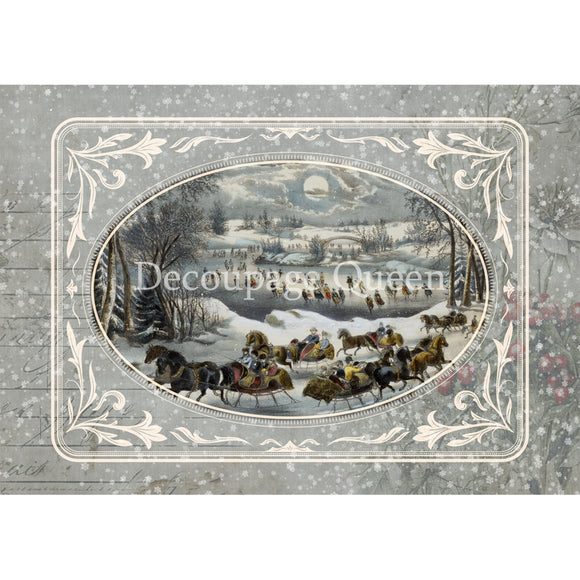 Rice paper featuring a charming winter scene of people on sleigh rides inside a gray oval frame.