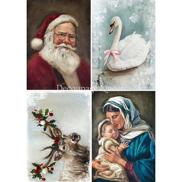 Rice paper featuring 4 designs of a reindeer, a swan, Mary and Baby Jesus, and of course, Santa Claus.