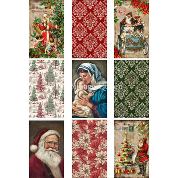 Rice paper featuring 9 Christmas designs that include damask patterns, Santa, poinsettias, and Mary and baby Jesus.