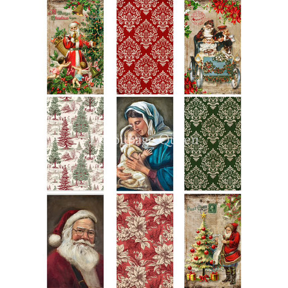 Rice paper featuring 9 Christmas designs that include damask patterns, Santa, poinsettias, and Mary and baby Jesus.