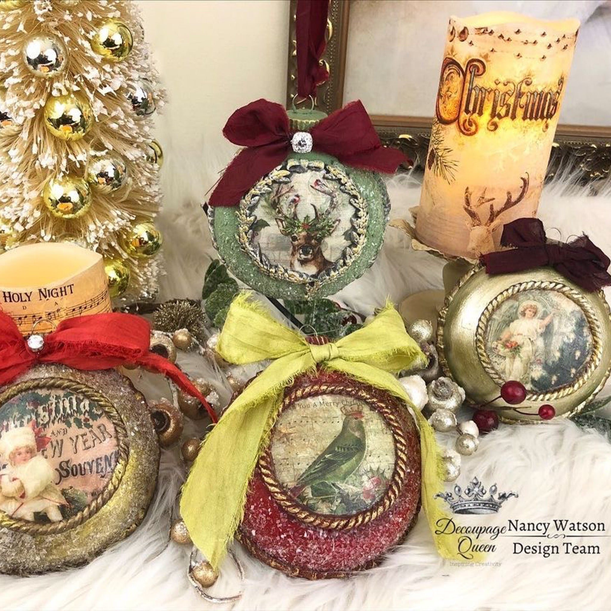 Ornamanet bulbs refurbished by Nancy Watson are painted red, green, and gold and feature Decoupage Queen's Christmas Squares rice paper on them.