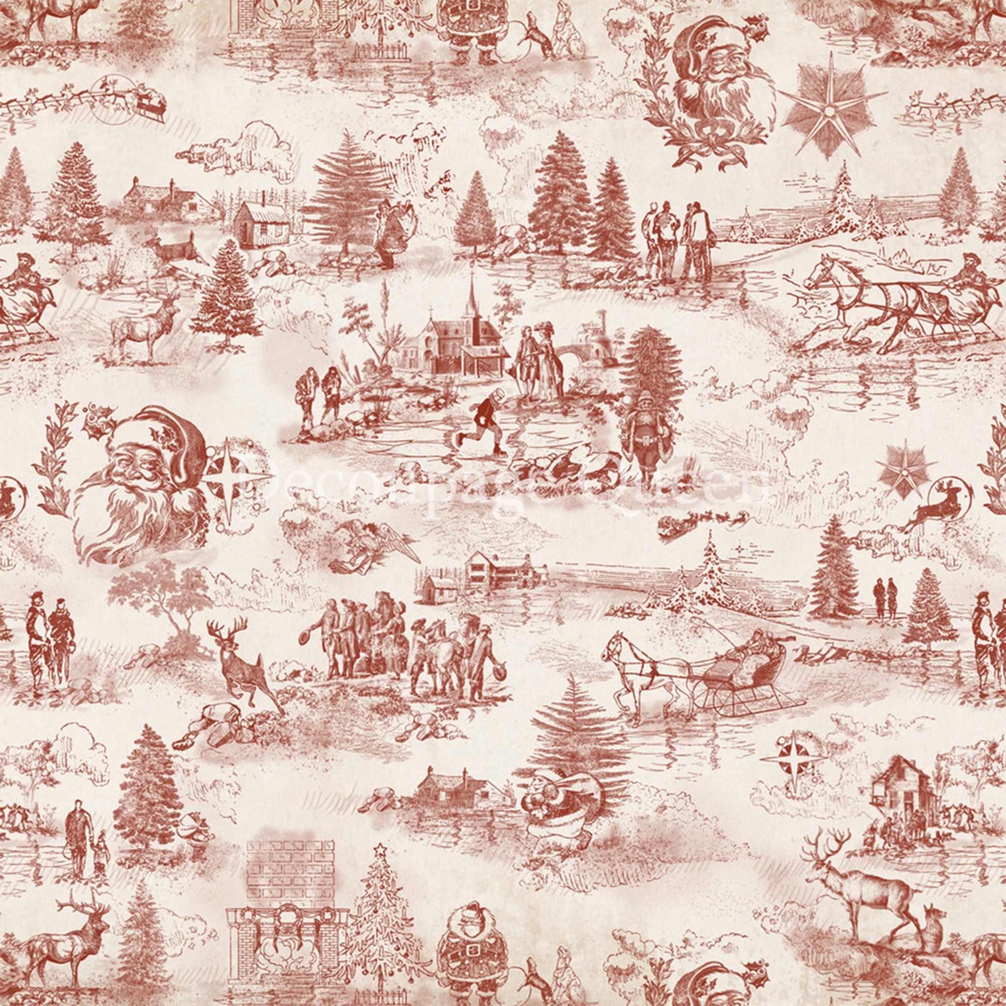 Close-up of a rice paper design featuring a cream and burgundy winter toile design that includes scenes of winter villages, reindeer, and Santa's head.