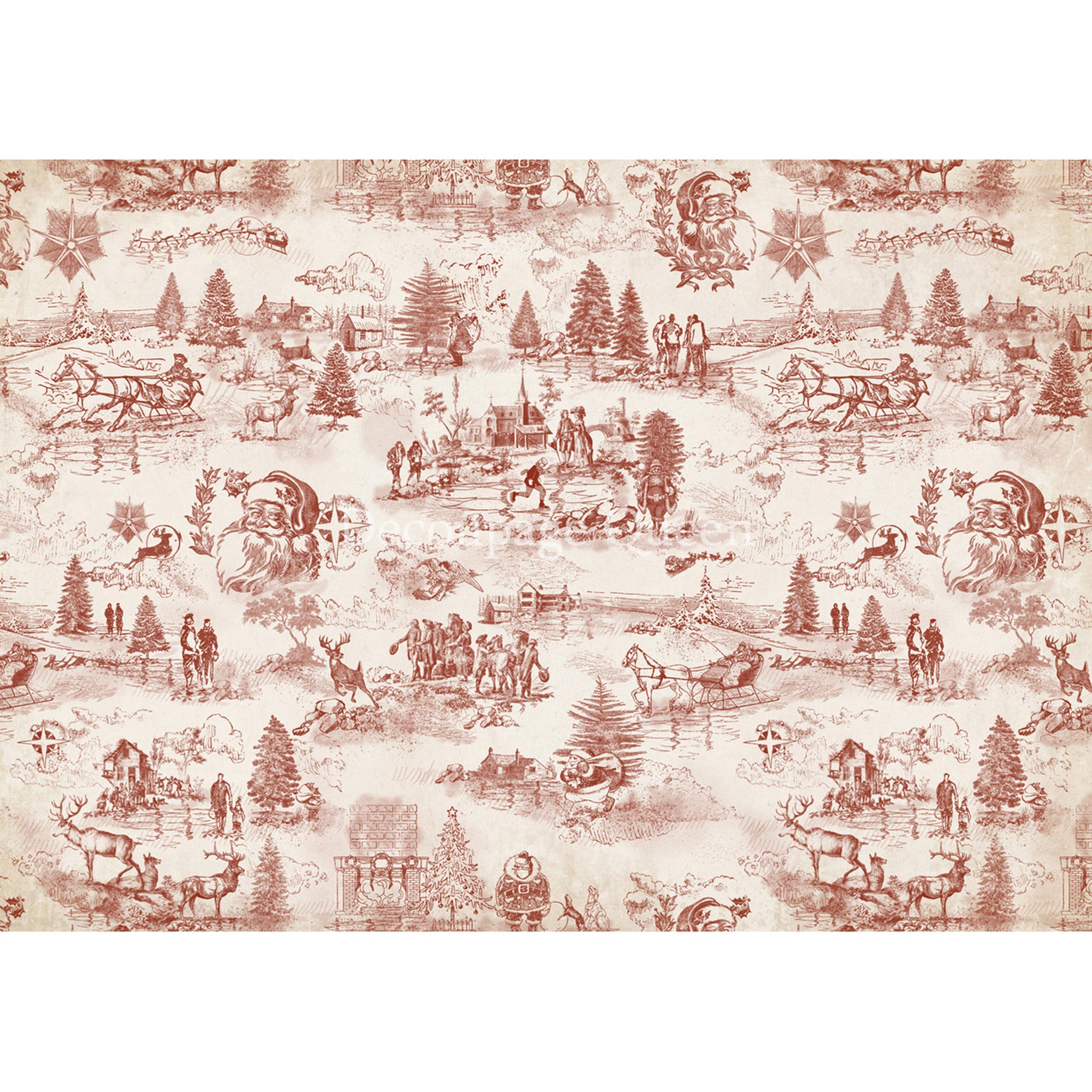 Rice paper design featuring a cream and burgundy winter toile design that includes scenes of winter villages, reindeer, and Santa's head. White borders are on the top and bottom.