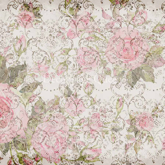 Close-up of a rice paper design that features a repeating dark scroll pattern overlayed on large faded pink roses. 
