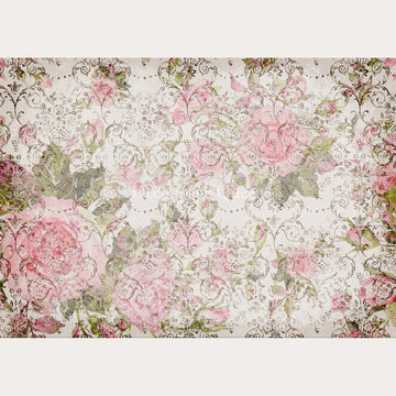 Rice paper design that features a repeating dark scroll pattern overlayed on large faded pink roses. White borders are on the top and bottom.
