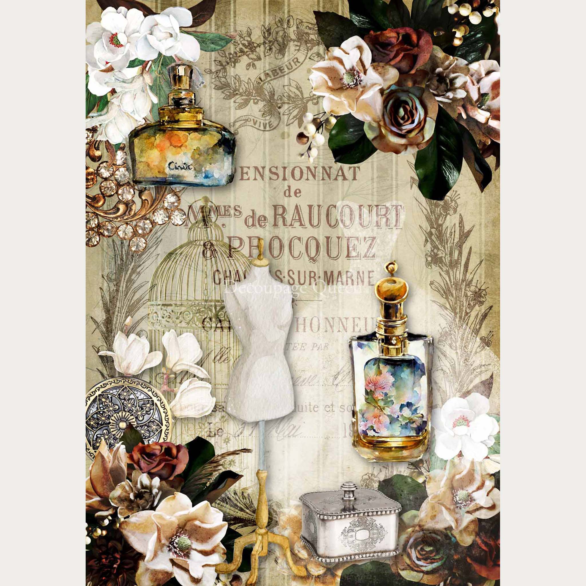 Rice paper design that featuring a faded striped wallpaper background embellished with deep burgundy and cream flowers, French script, a dressmaker's form, and perfume bottles. White borders are on the sides.