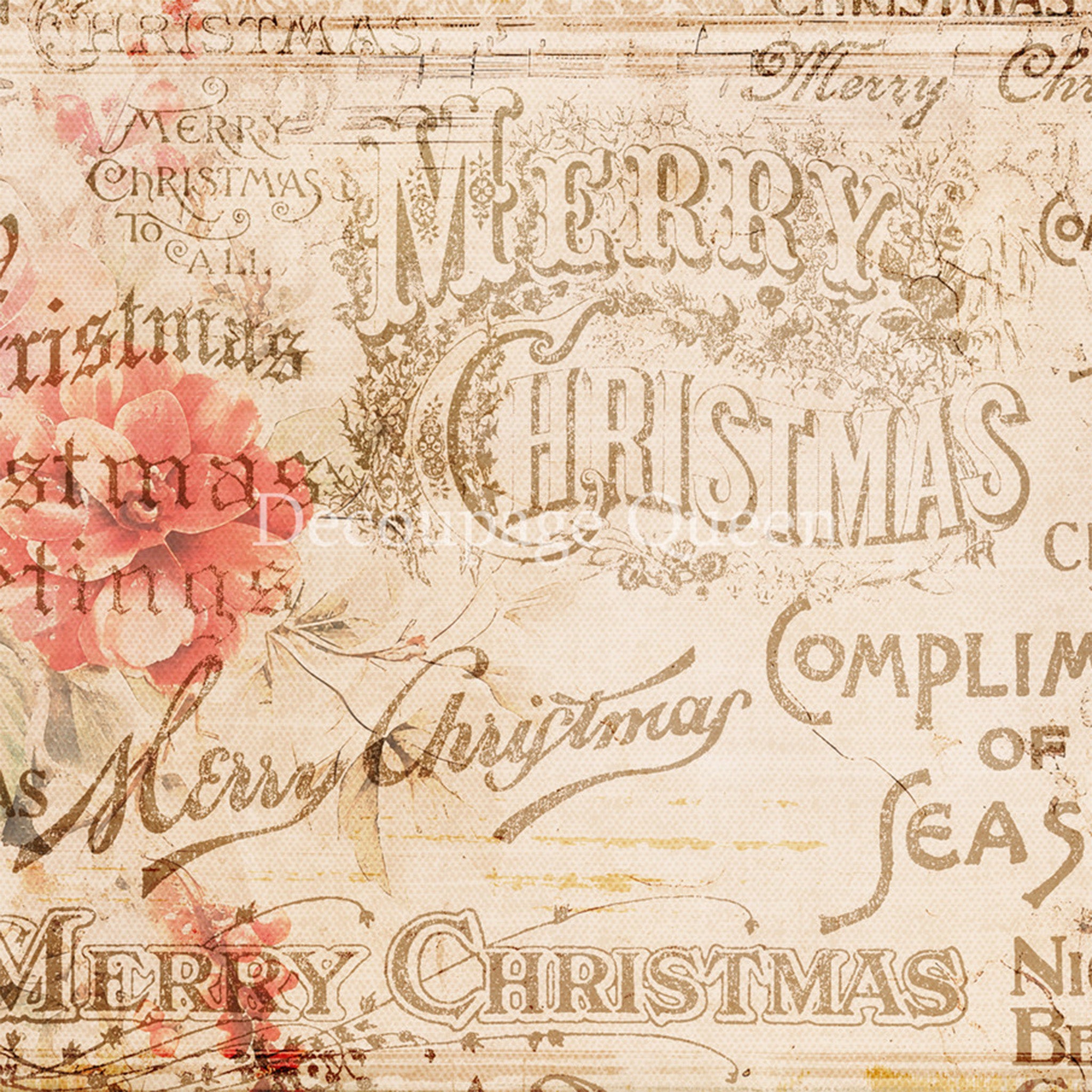 Close-up of a rice paper featuring a sepia toned parchment with Christmas sentiments and a faded red flower.