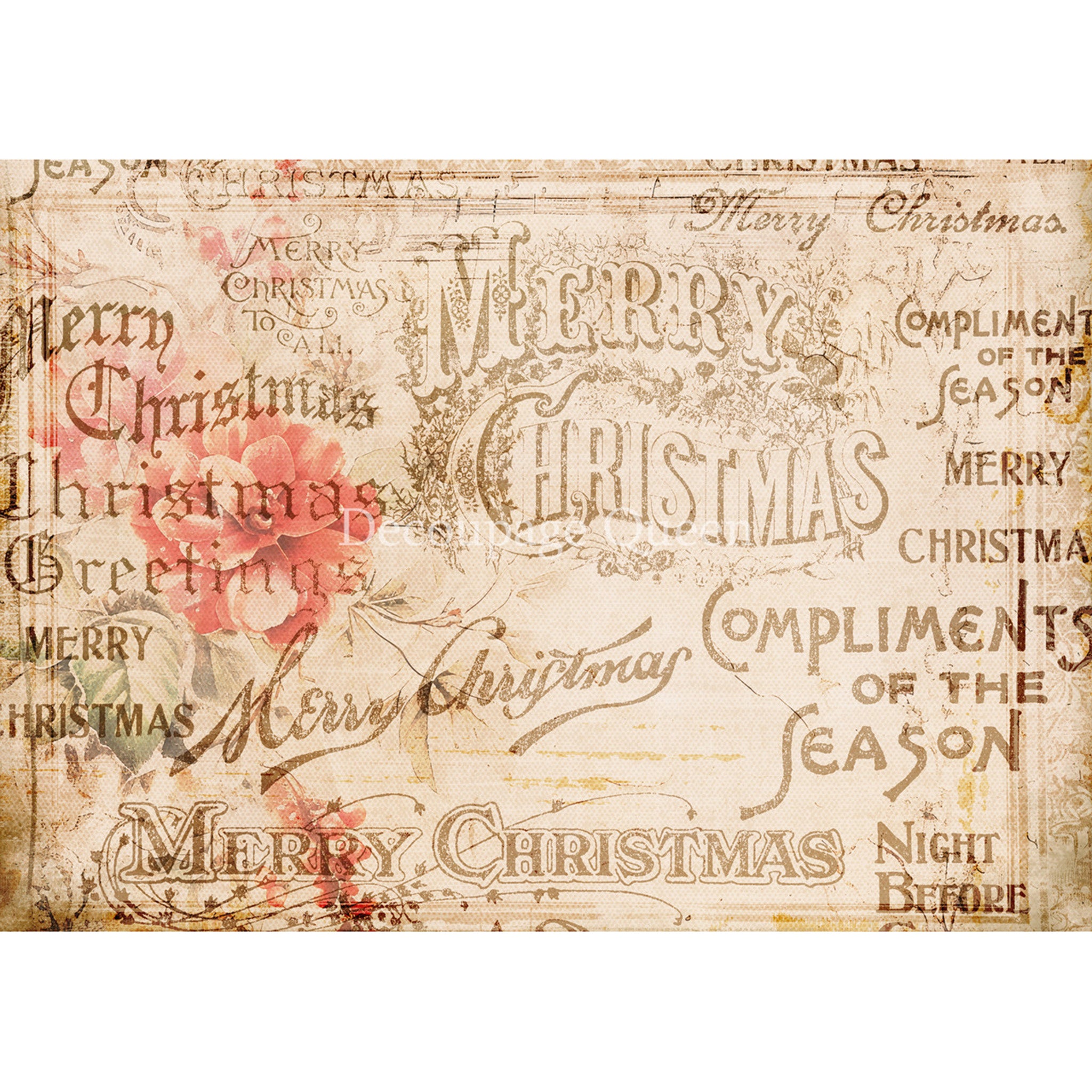 Rice paper featuring a sepia toned parchment with Christmas sentiments and a faded red flower. White borders are on the top and bottom.