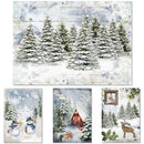 Rice paper featuring 4 snowy winter pine forest scenes with snowmen, a red cabin, and a deer.