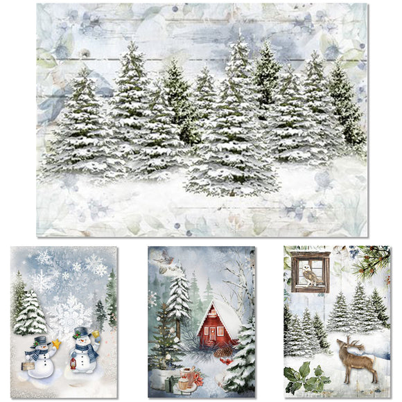 Rice paper featuring 4 snowy winter pine forest scenes with snowmen, a red cabin, and a deer.