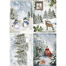 Rice paper featuring 4 snowy winter pine forest scenes with snowmen, a red cabin, and a deer.