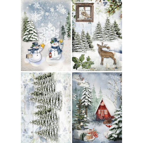 Rice paper featuring 4 snowy winter pine forest scenes with snowmen, a red cabin, and a deer.