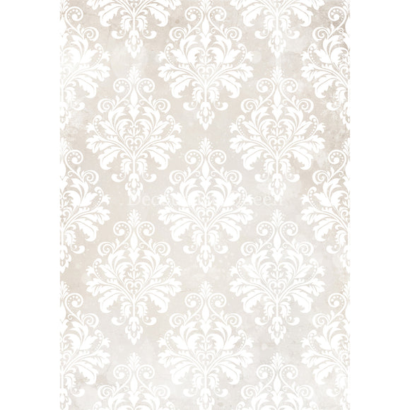 Rice paper that features an ornate damask pattern against a soft cream background. White borders are on the sides.