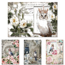 Rice paper featuring 4 unique designs, each featuring fancy bird royalty and an owl, surrounded by gorgeous flowers and vintage accents.