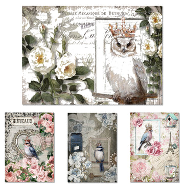 Rice paper featuring 4 unique designs, each featuring fancy bird royalty and an owl, surrounded by gorgeous flowers and vintage accents.