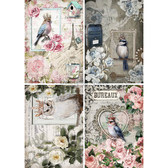 Rice paper featuring 4 unique designs, each featuring fancy bird royalty and an owl, surrounded by gorgeous flowers and vintage accents.
