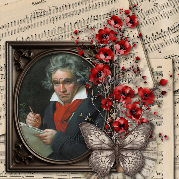Close-up of a rice paper featuring a stack of sheet music with a framed portrait of Beethoven, small red flowers, and a butterfly.