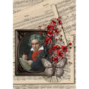 Rice paper featuring a stack of sheet music with a framed portrait of Beethoven, small red flowers, and a butterfly. White borders are on the sides.