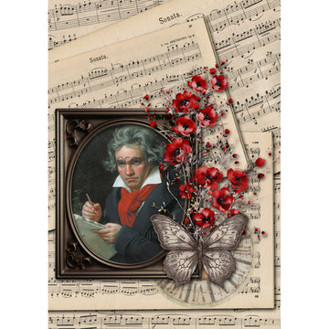 Rice paper featuring a stack of sheet music with a framed portrait of Beethoven, small red flowers, and a butterfly. White borders are on the sides.