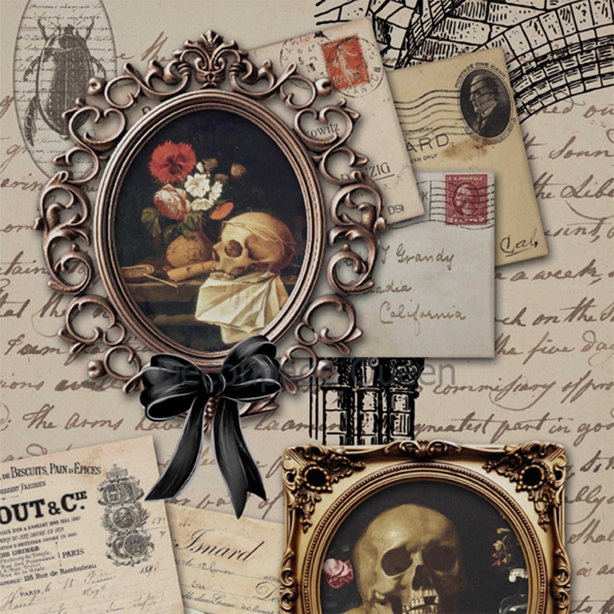 Close-up of a rice paper design that features a stack of vintage letters, receipts, and envelopes behind framed skulls and beetles. 