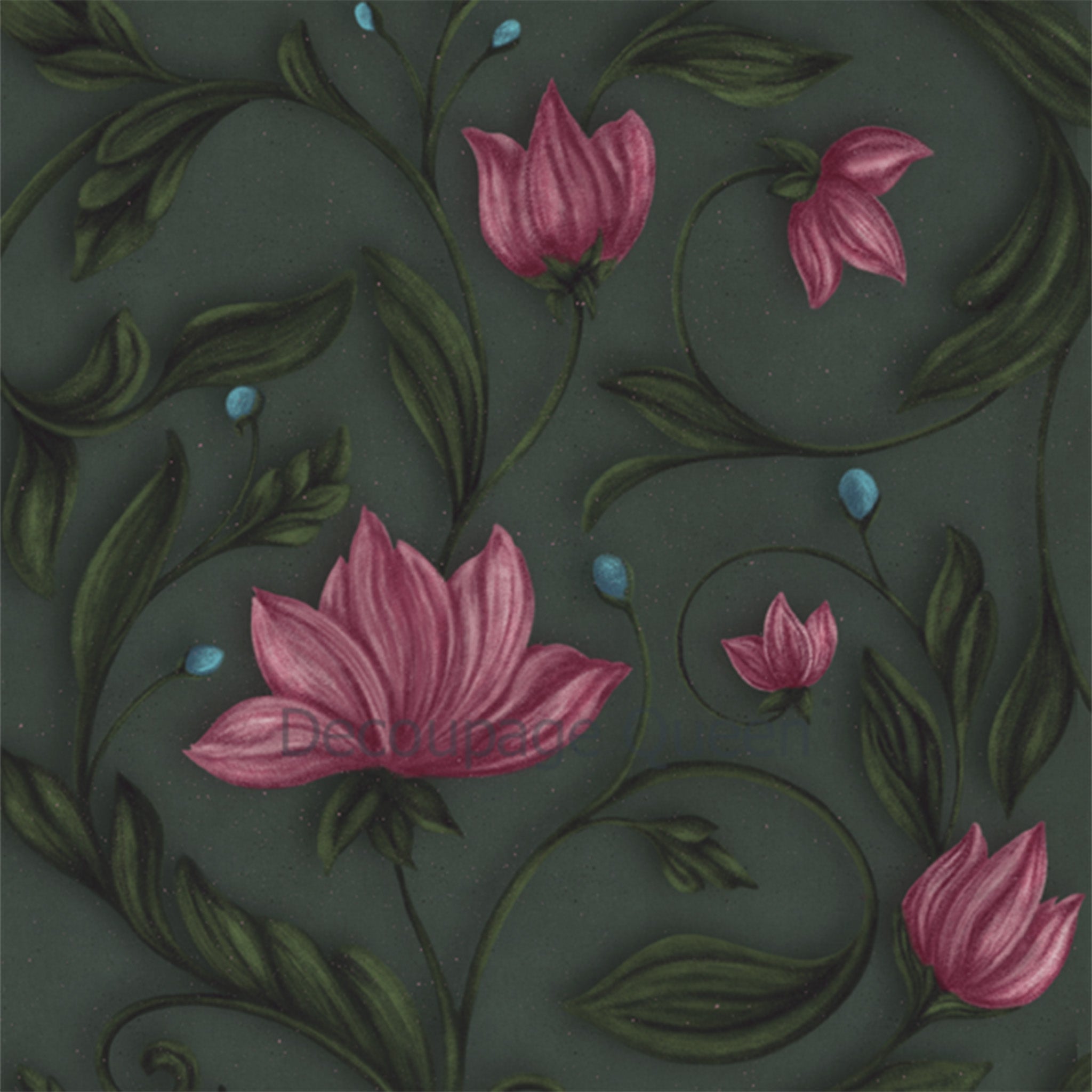 Close-up of a rice paper design that features winding pink flowers on vines against a dark moody background. 