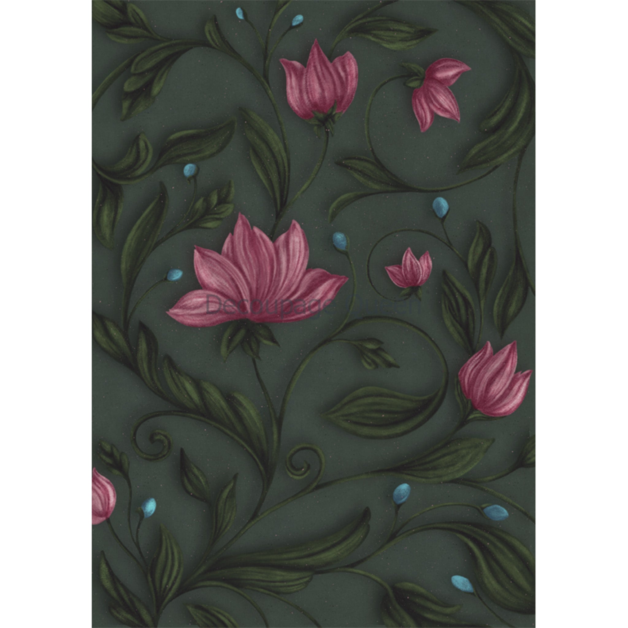 Rice paper design that features winding pink flowers on vines against a dark moody background. White borders are on the sides.