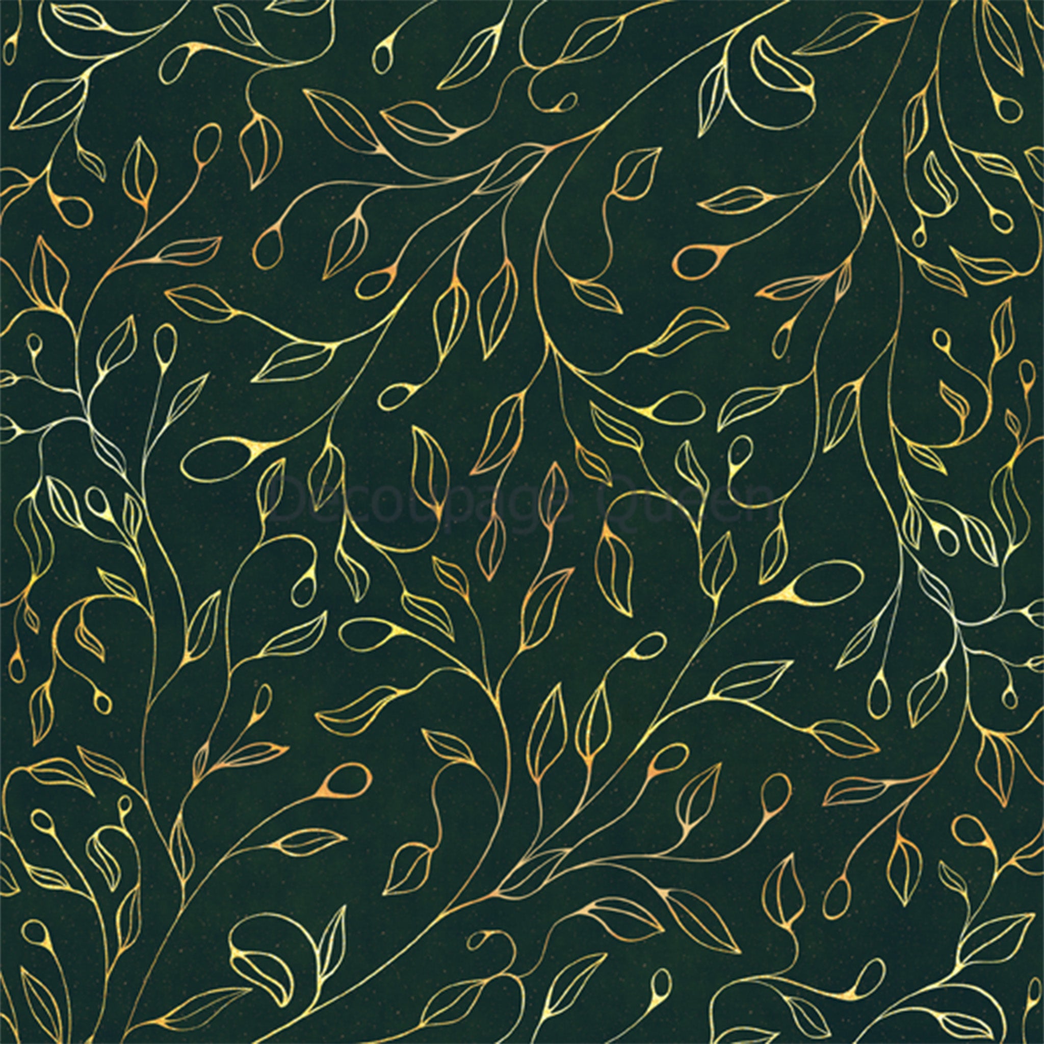 Close-up of a rice paper design that features a rich hunter green background with vining gold leaves.