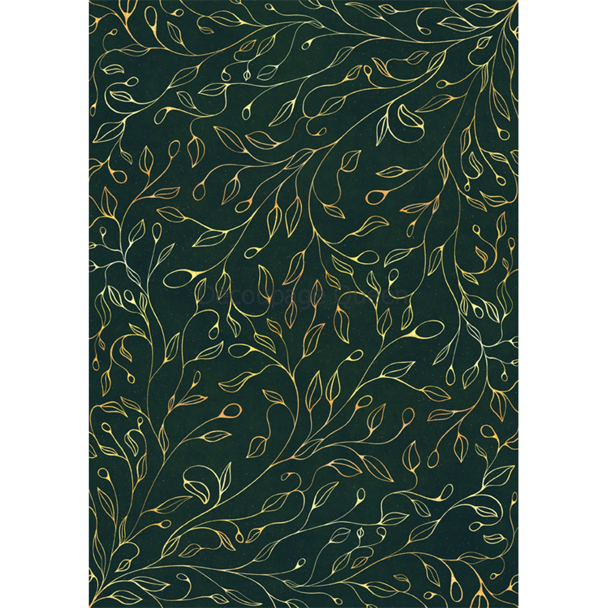 Rice paper design that features a rich hunter green background with vining gold leaves. White borders are on the sides.