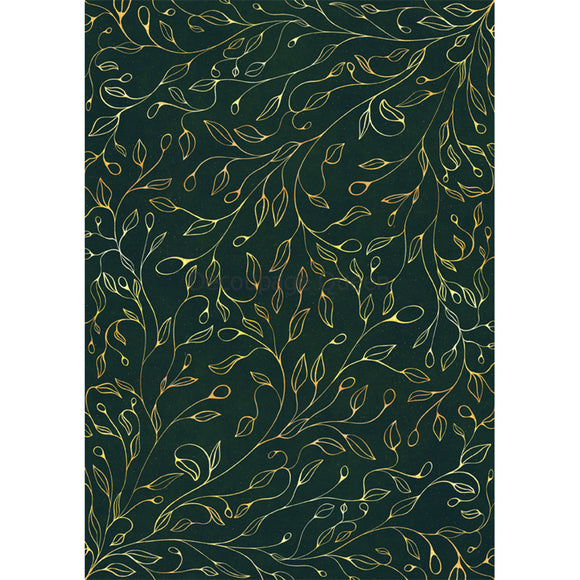 Rice paper featuring a gold leaf pattern against a deep green background. White borders are on the sides.