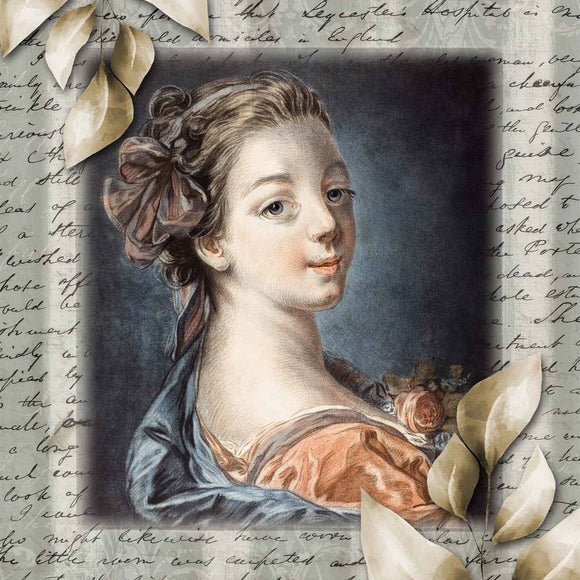 Close-up of a rice paper featuring a nostalgic lady surrounded by script markings and golden foliage.