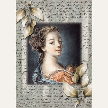 Rice paper featuring a nostalgic lady surrounded by script markings and golden foliage. White borders are on the sides.