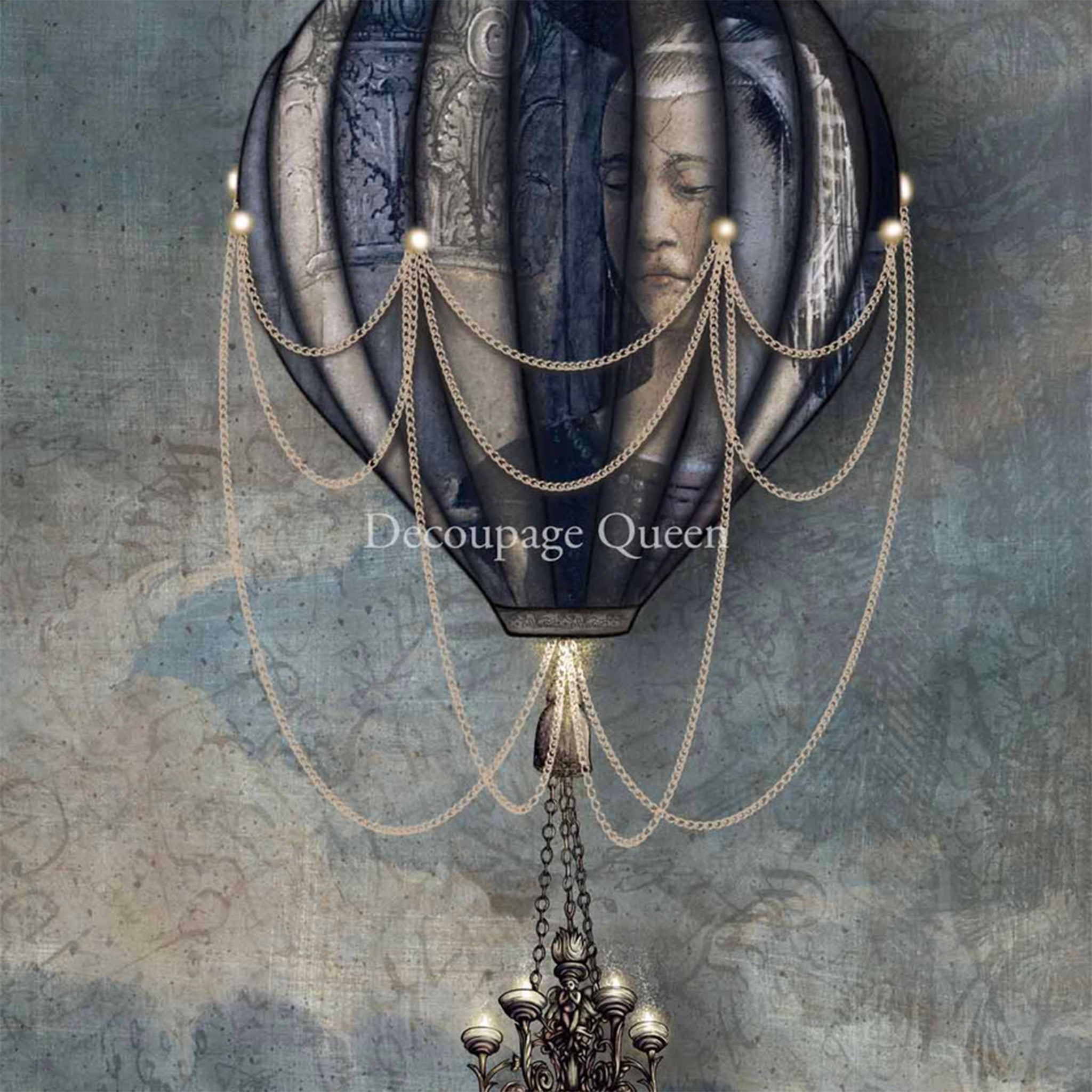 Close-up of a rice paper design featuring a vintage hot air balloon with a chandelier basket.