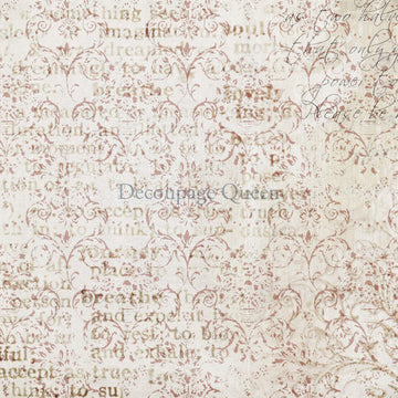 Close-up of a rice paper featuring a vintage document against a distressed damask pattern.