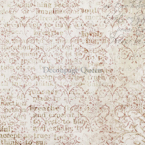 Close-up of a rice paper featuring a vintage document against a distressed damask pattern.