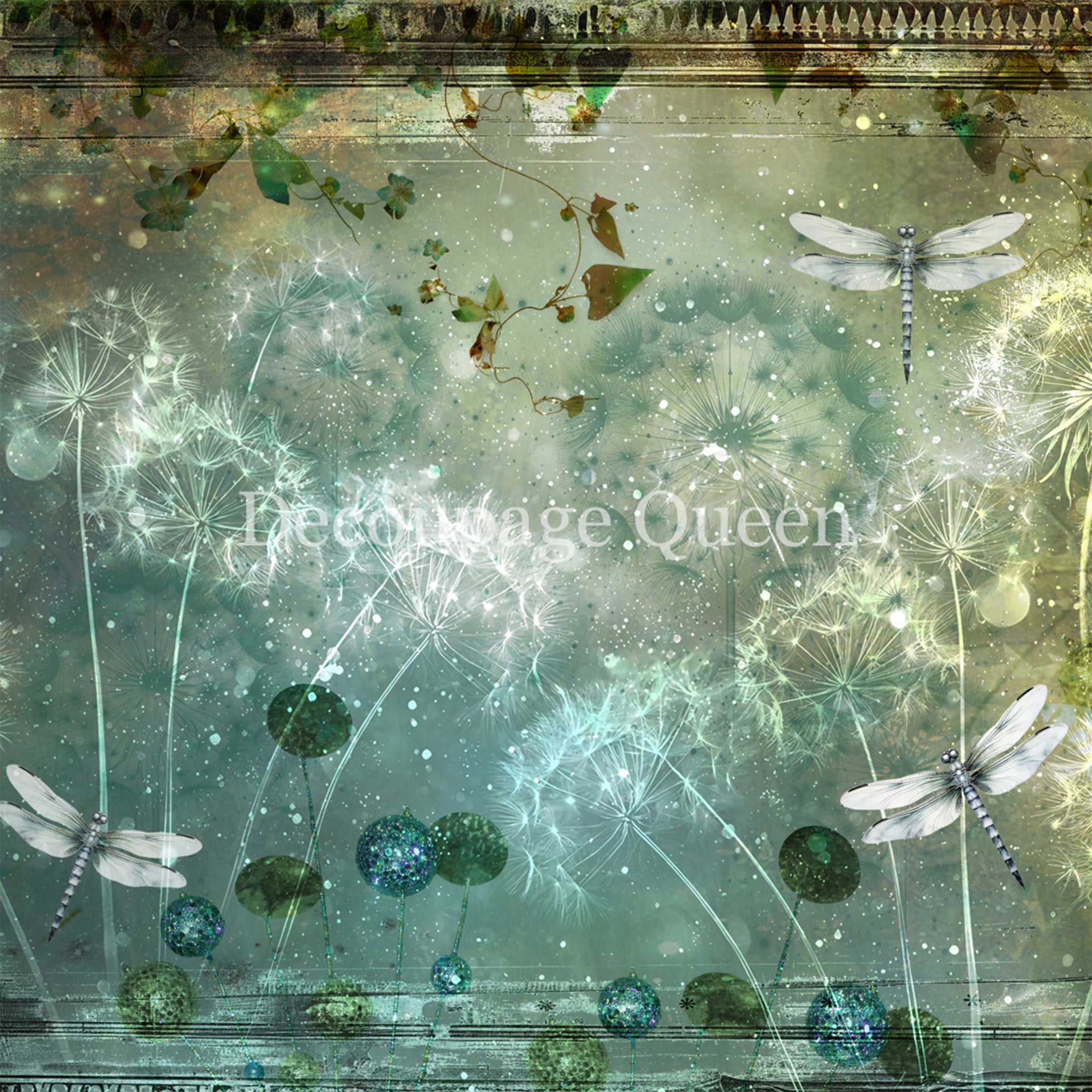 Close-up of a rice paper design featuring dandelions and dragonflies scattered against an aqua colored grunge background with a decorative frame border. 