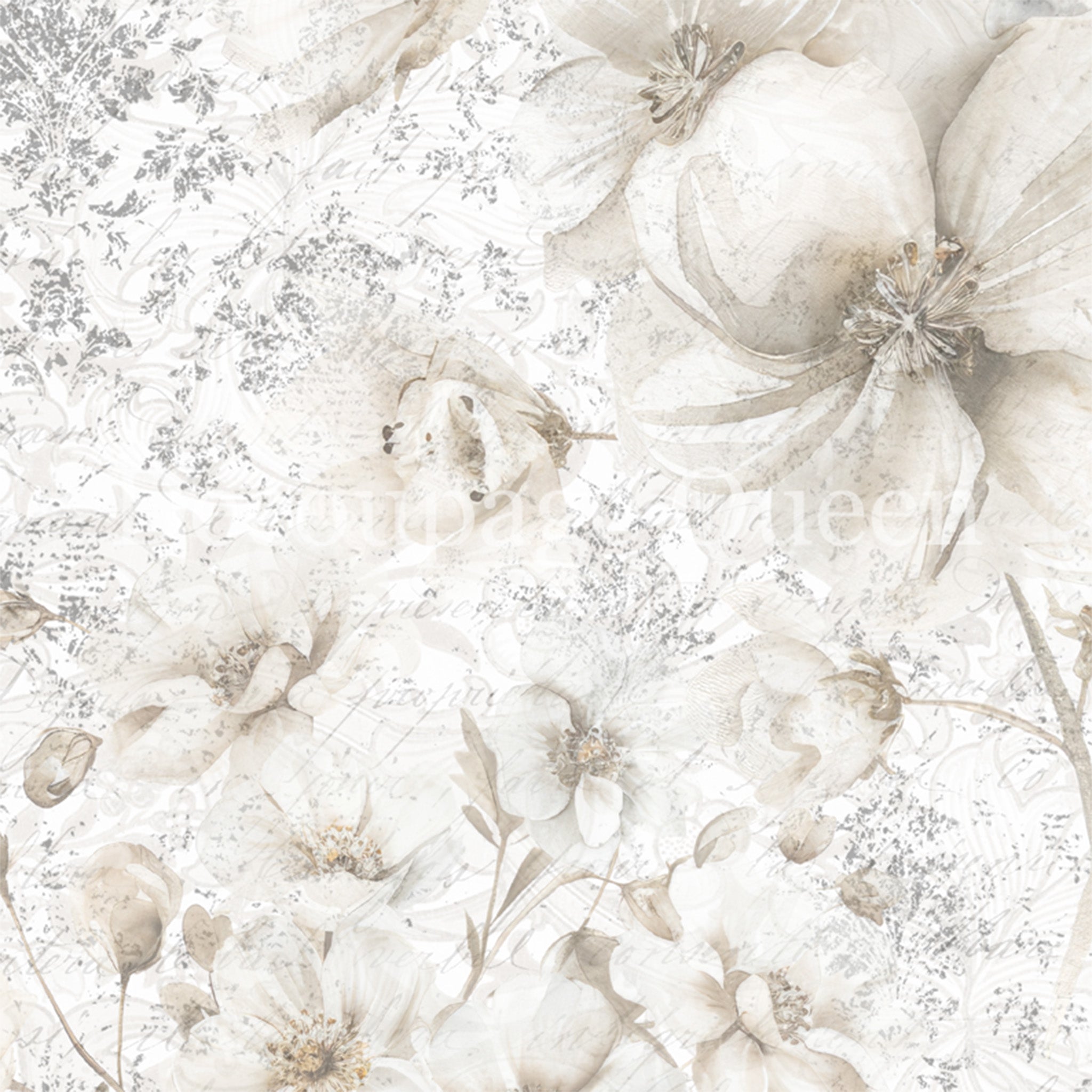 Close-up of a rice paper that features wispy white flowers over a distressed print. 