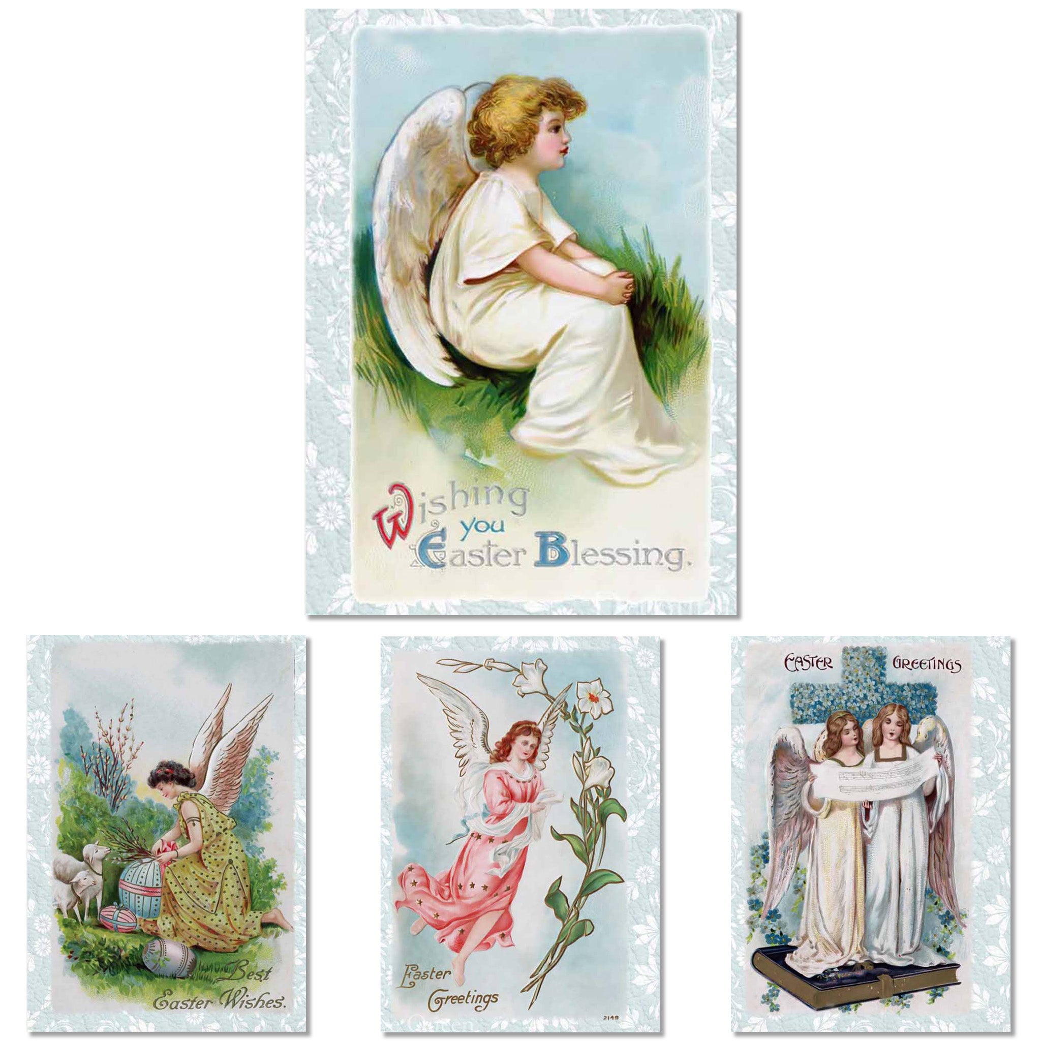 A3 rice paper designs that feature 4 scenes of Easter angels on a light blue floral backdrops are against a white background.