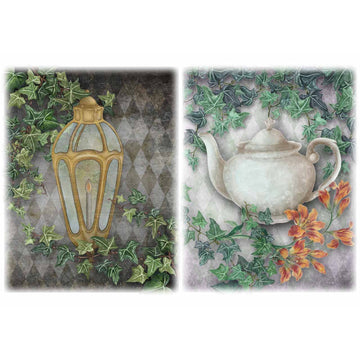 Rice paper featuring a lantern and ivy on one side and a charming tea pot and flowers on the other. White borders are on the top and bottom.