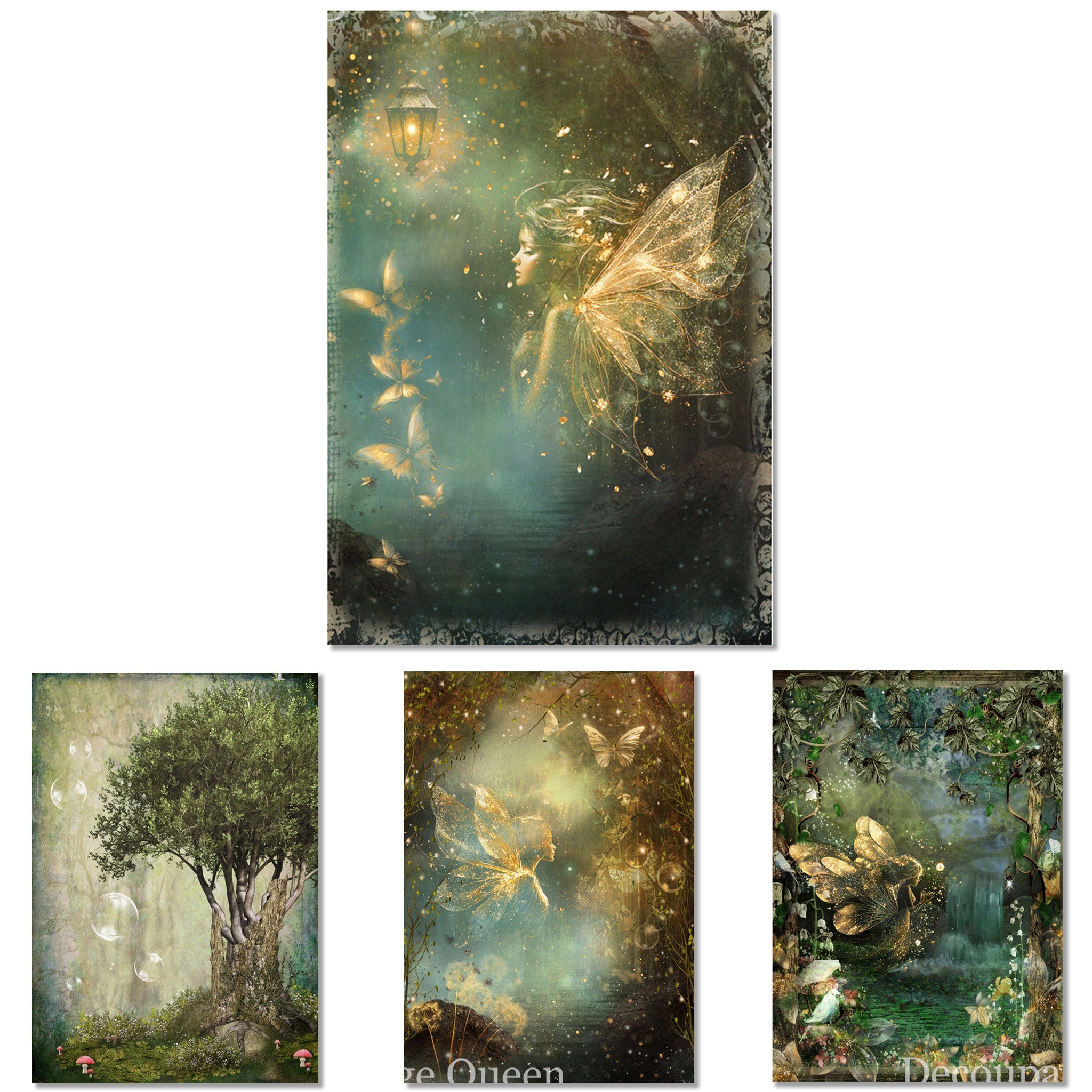 Four sheets of rice paper against a white background feature fairies in magical lush forest scenes. 