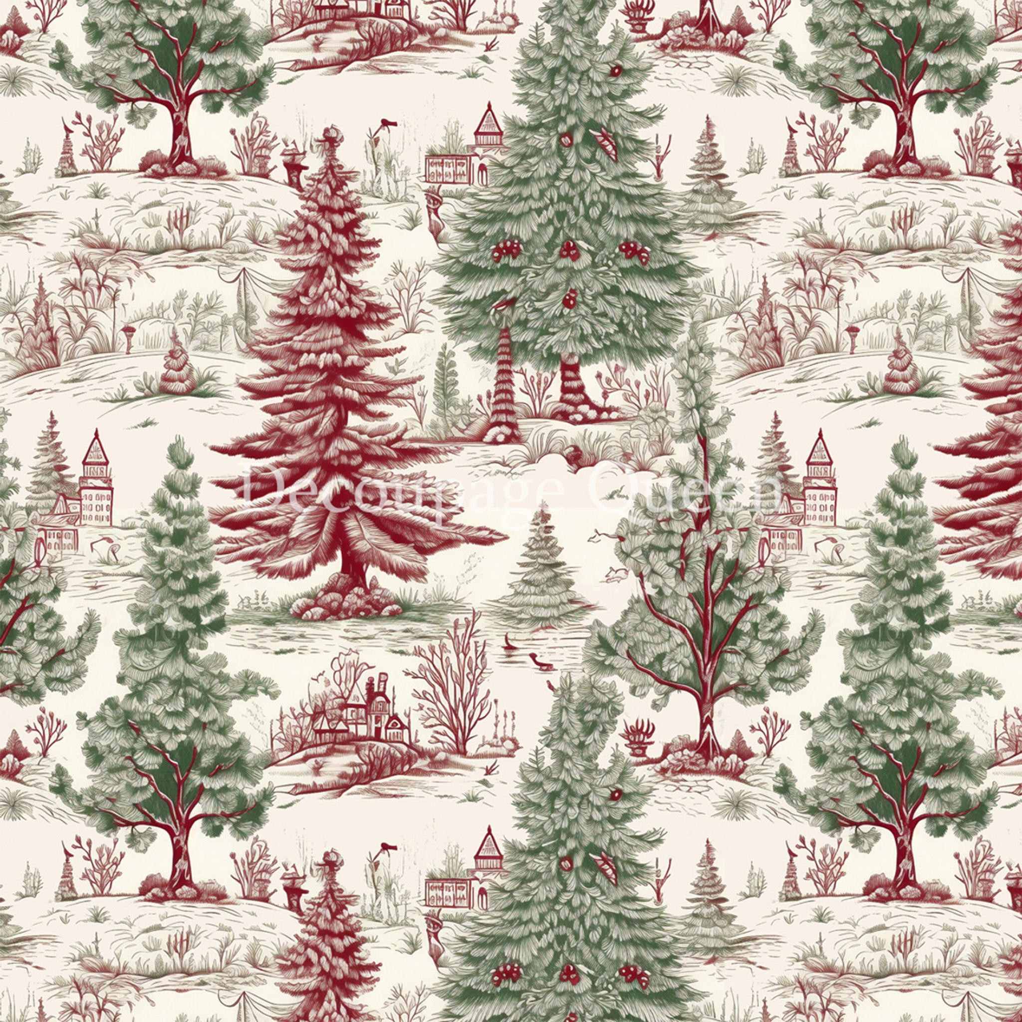 Close-up of a rice paper design featuring a vintage red and green Christmas tree toile pattern.