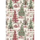 Rice paper design featuring a vintage red and green Christmas tree toile pattern. White borders are on the sides.
