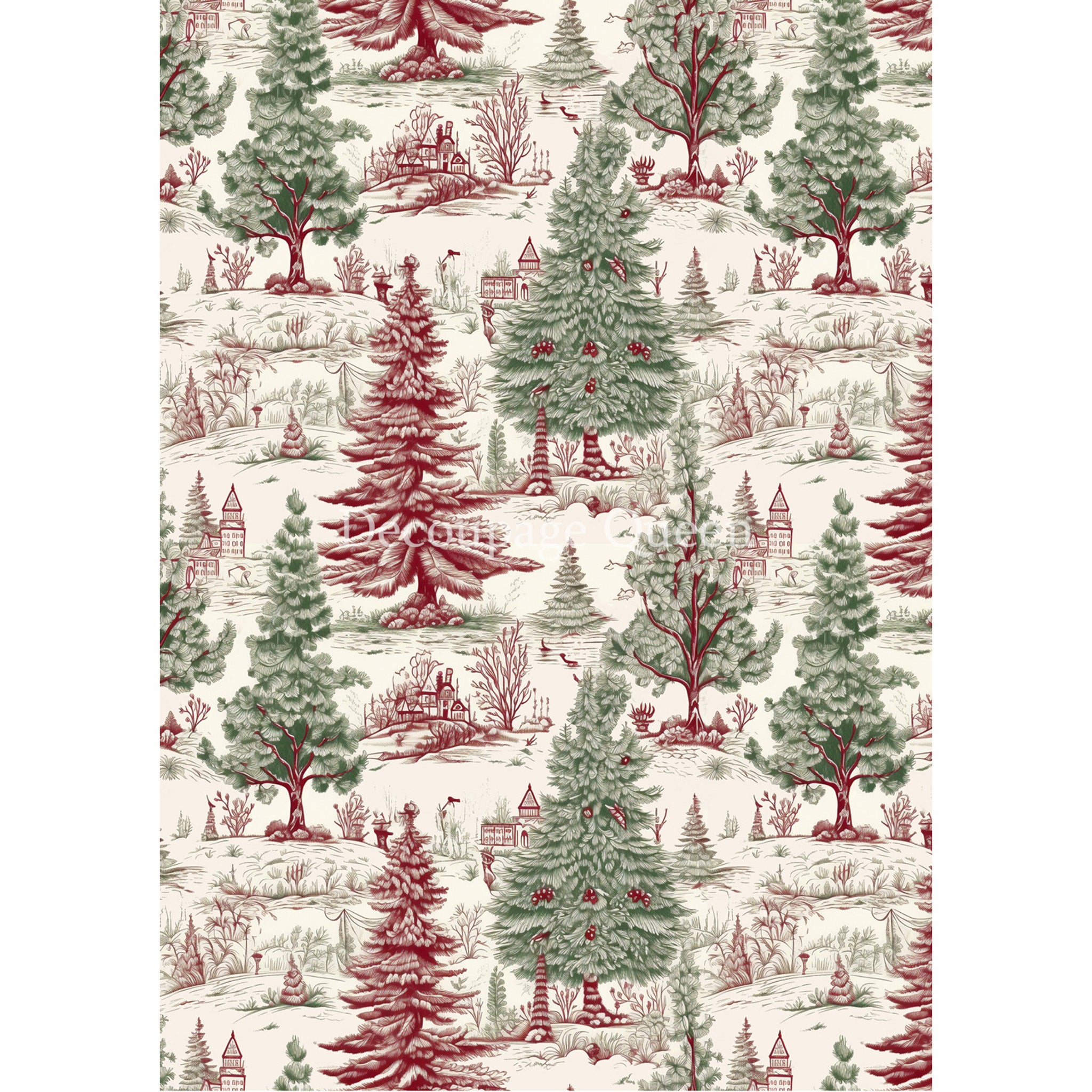 Rice paper design featuring a vintage red and green Christmas tree toile pattern. White borders are on the sides.